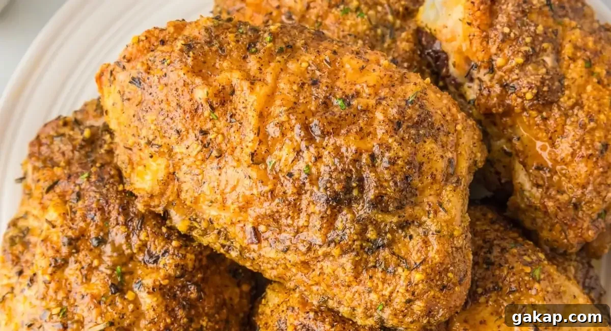 Up close overhead image of garlic parmesan chicken thighs on white dish. 