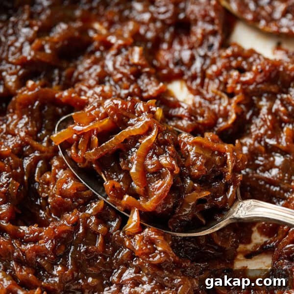 Pan of finished caramelized onions with a spoon resting in the center.