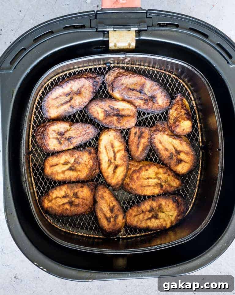 close up of fried plantains in air fryer