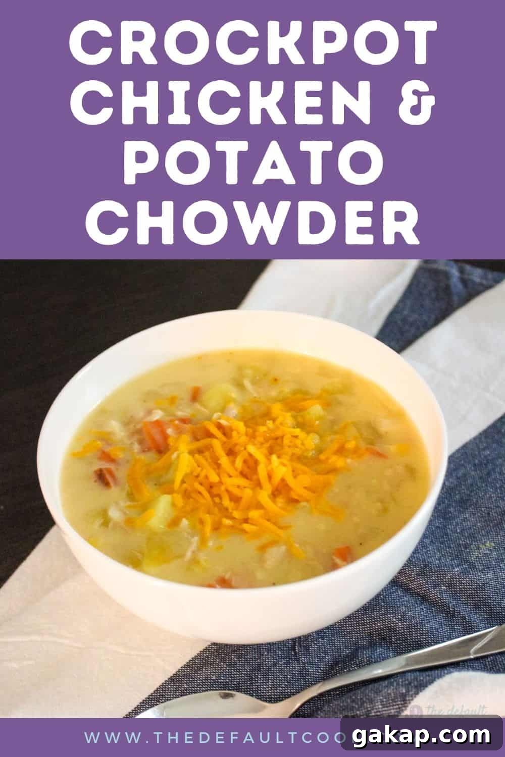 Creamy Slow Cooker Chicken and Potato Chowder 4 A bowl of chicken and potato chowder on a kitchen towel with the recipe name above it.