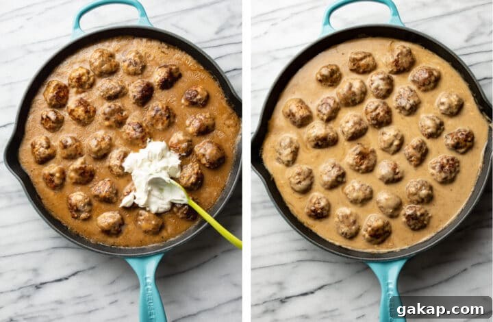 Classic Swedish Meatballs Recipe: Creamy Sauce & Lingonberry Pairing 7 finishing swedish meatball sauce by adding in sour cream