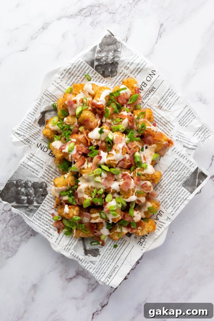 Loaded Tater Tots Recipe: Crispy, Cheesy Potato Bites 6 overhead view of loaded tater tots