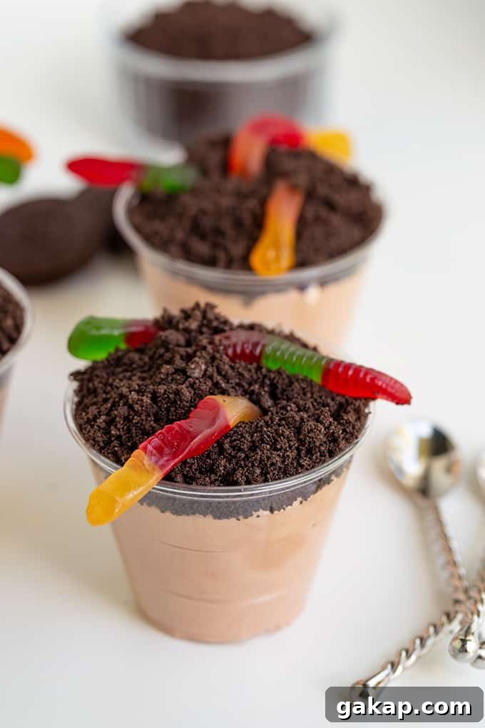 No-Bake Dirt Cake Cups Recipe — Creamy Chocolate Pudding Cups 2 plastic cup filled with chocolate mousse and crushed cookies on a white surface