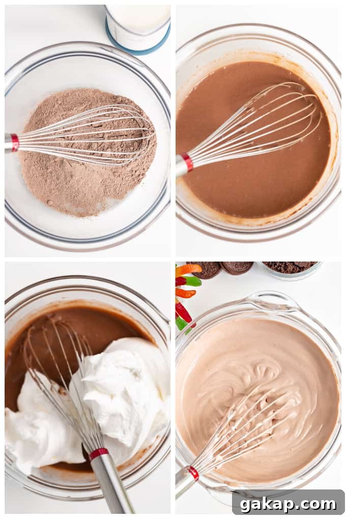 No-Bake Dirt Cake Cups Recipe — Creamy Chocolate Pudding Cups 3 step by step photos showing how to make the chocolate pudding mousse in a glass bowl