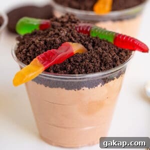 No-Bake Dirt Cake Cups Recipe — Creamy Chocolate Pudding Cups 6 upclose square image of pudding cup