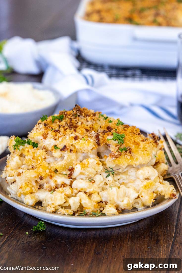 Smoked gouda mac and cheese has tender al dente pasta in a super creamy, velvety cheese sauce, topped with a buttery, crunchy crumb topping. It's so gouda! #macandcheese #macaroniandcheese smoked gouda mac and cheese with breadcrumbs on a plate