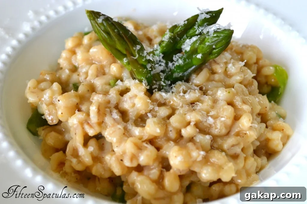Barley Risotto - With Asparagus and Parmesan in White Bowl