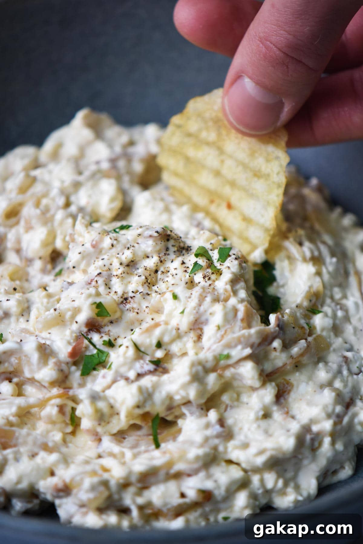 Creamy Caramelized Shallot Dip Recipe for Parties 2 Dipping a potato chip into a bowl of shallot dip