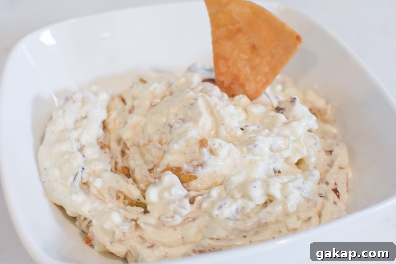 Creamy Caramelized Shallot Dip Recipe for Parties 11 A white bowl of shallot dip with a pita chip dipping in