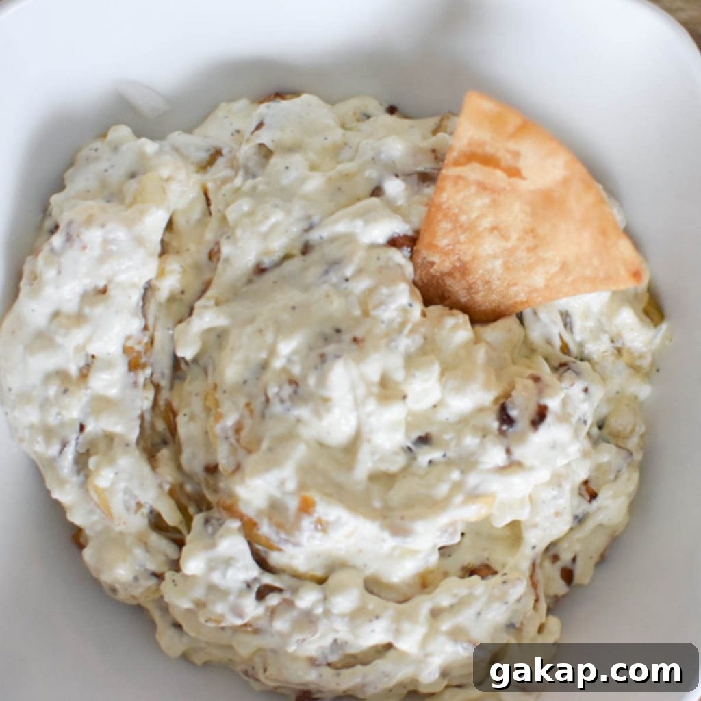 Creamy Caramelized Shallot Dip Recipe for Parties 12 Caramelized shallot dip without sour cream in a white bowl with a chip