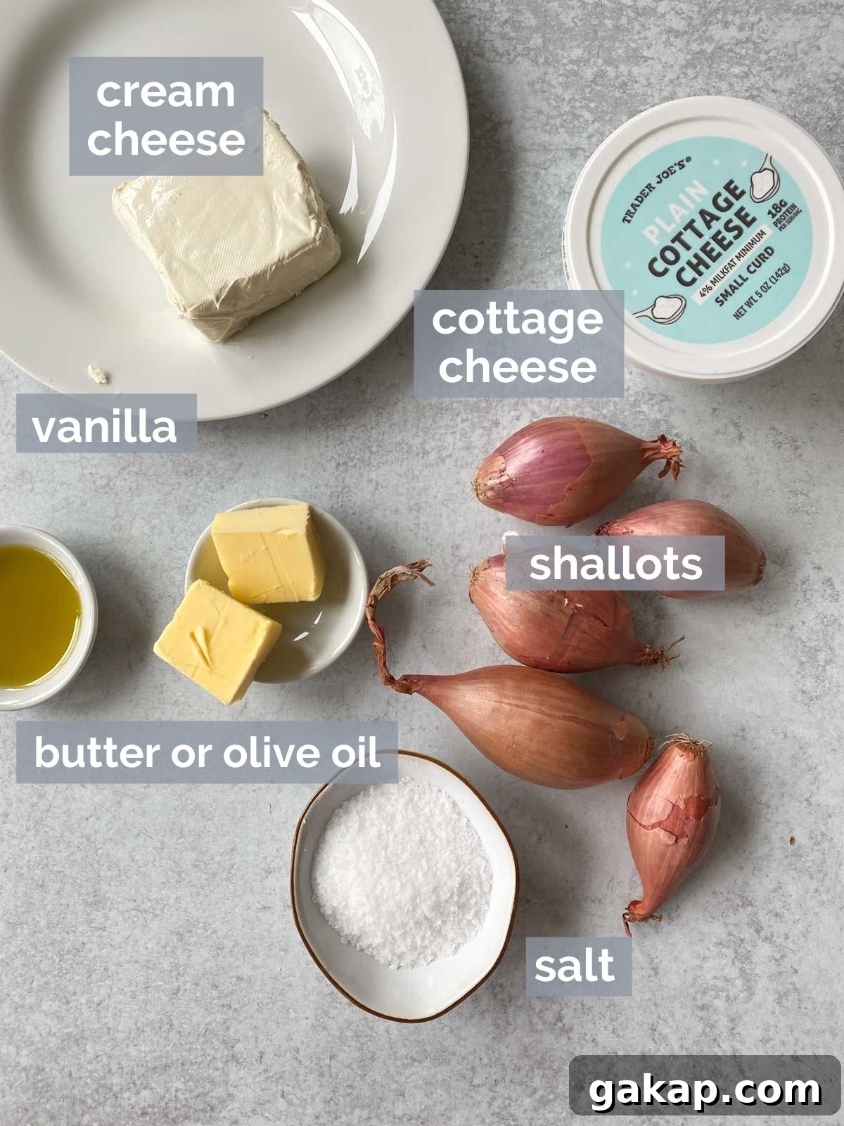Creamy Caramelized Shallot Dip Recipe for Parties 3 Shallots, cream cheese, cottage cheese, and spices on a table.