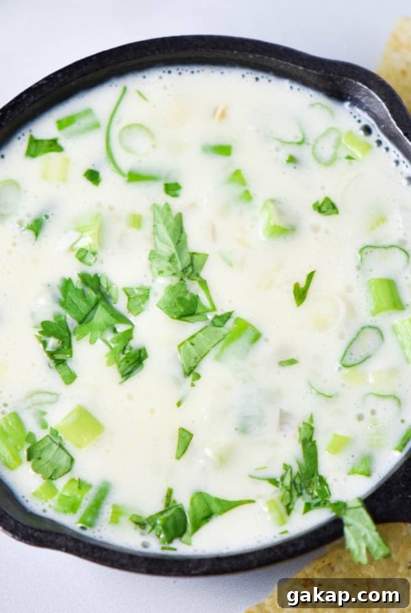 Creamy Caramelized Shallot Dip Recipe for Parties 8 A cast iron pan filled with mozzarella queso and tortilla chips on a white table