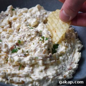 Creamy Caramelized Shallot Dip Recipe for Parties 10 A hand dipping a potato chip into caramelized shallot dip