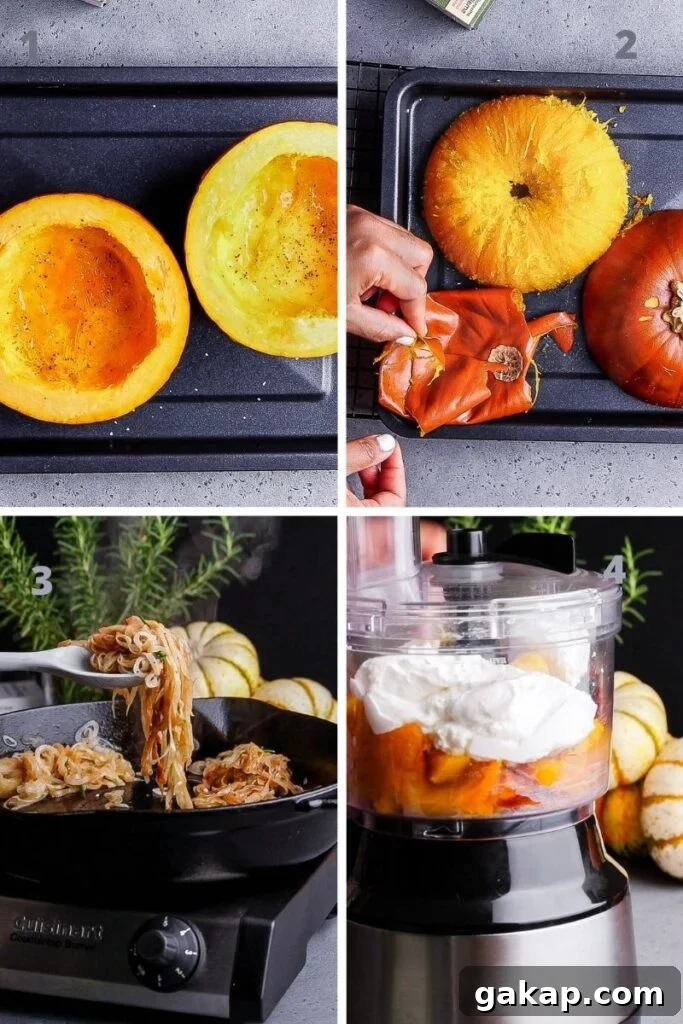 Creamy Pumpkin and Goat Cheese Dip for Fall Entertaining 4 Cutting the pumpkin before roasting, then peeling off the skins once roasted. Caramelizing the onions before blending it with the cheese in a food processor.