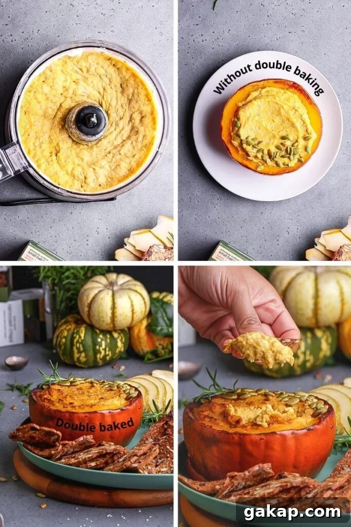Creamy Pumpkin and Goat Cheese Dip for Fall Entertaining 5 Blended pumpkin dip in a food processor bowl before double baking and added into a pumpkin shell.
