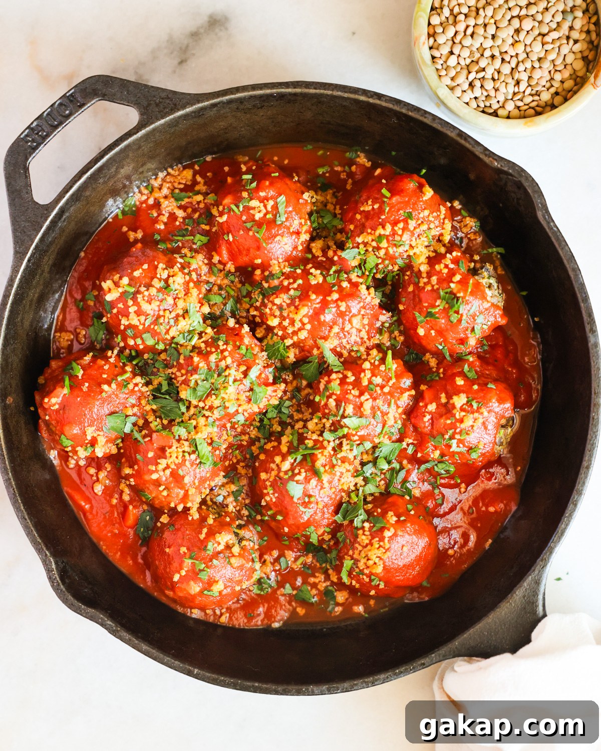overhead of vegan meatballs in a skillet
