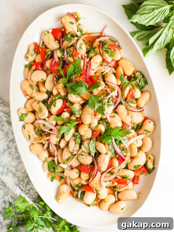 overhead of white bean salad on platter