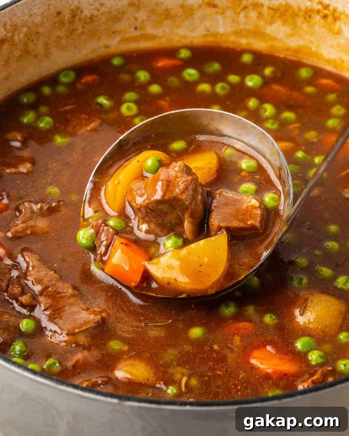 A ladle scooping beef stew from a Dutch oven pot. 