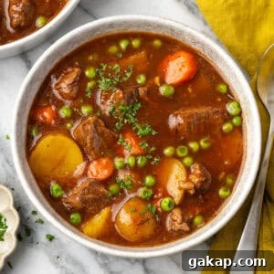 A bowl of beef stew sitting on a marble counter.