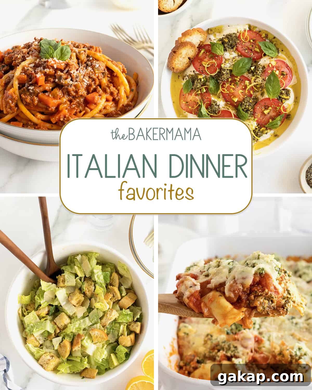 The best bucatini bolognese, burrata caprese, chopped Caesar Salad, and ravioli lasagna.