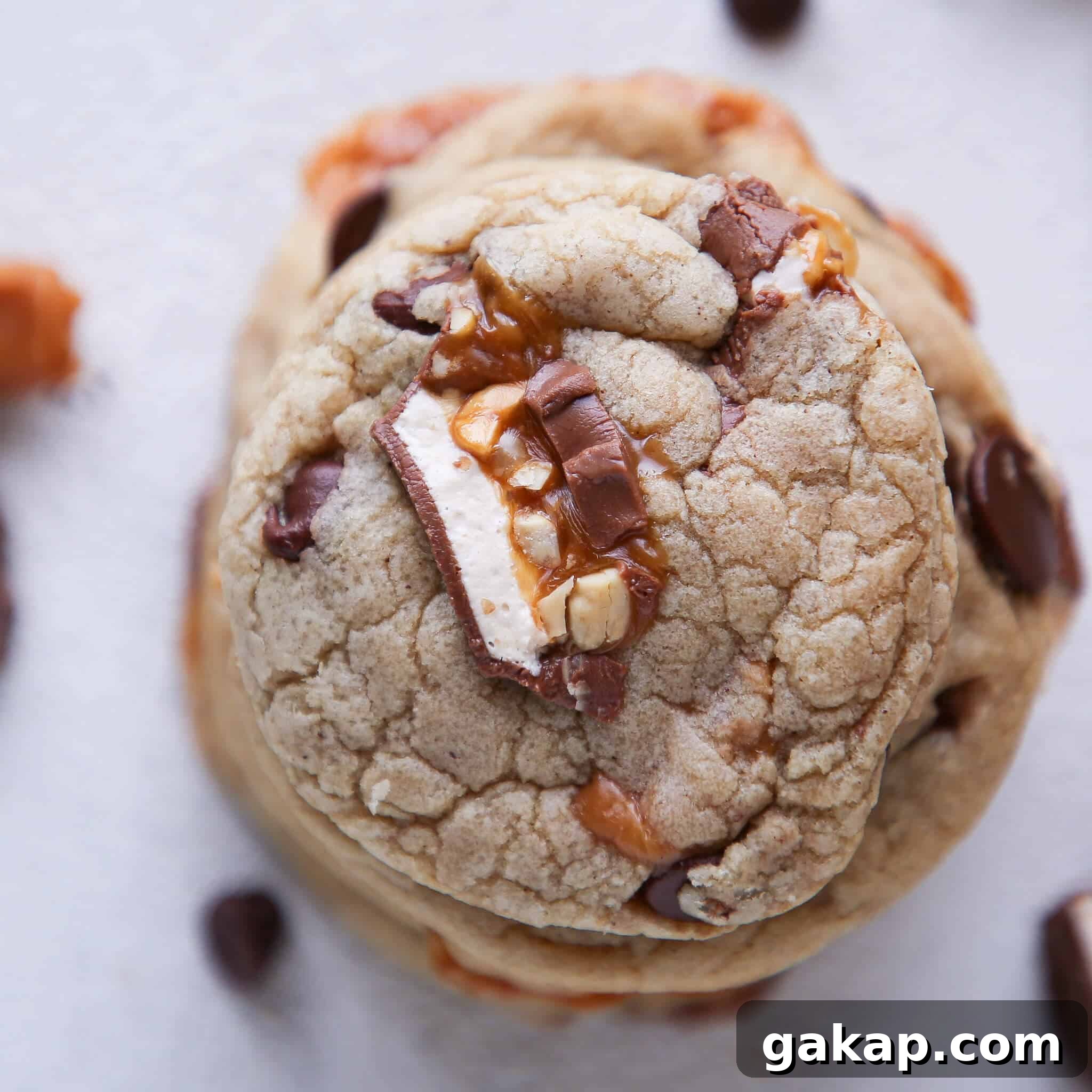 Brown Butter Snickers Caramel-Stuffed Chocolate Chip Cookies 4 Caramel Stuffed Brown Butter Snickers Chocolate Chip Cookies stacked