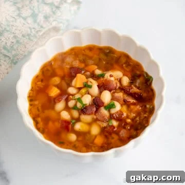 Bean with Bacon Soup in a white bowl.