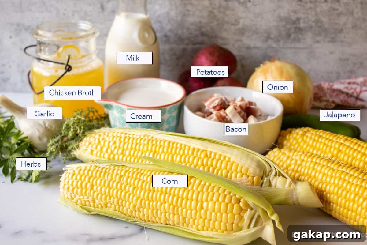 Ingredients for making corn chowder.