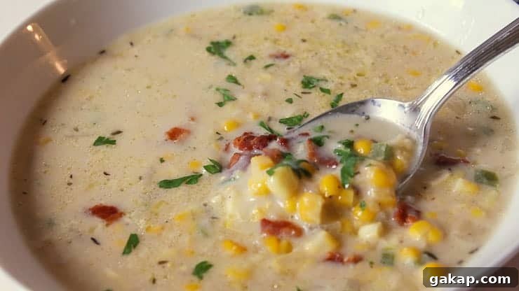 A bowlful of homemade soup with corn and bacon bits. 