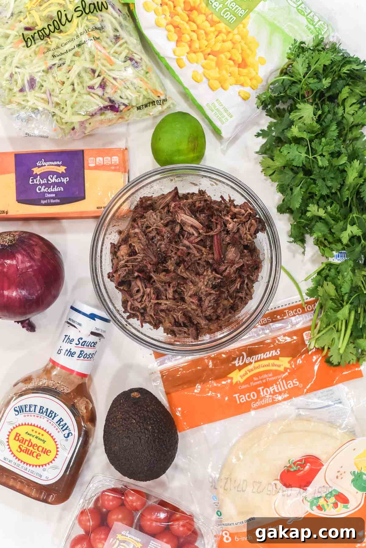 overhead shot of ingredients for smoked pulled beef tacos