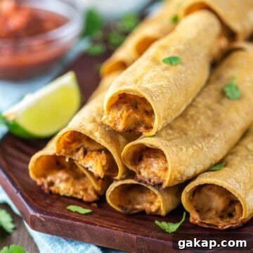 Rolled chicken tacos stacked on wood board.