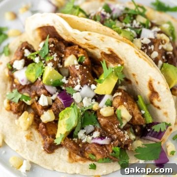 Two chicken mole tacos on white plate.