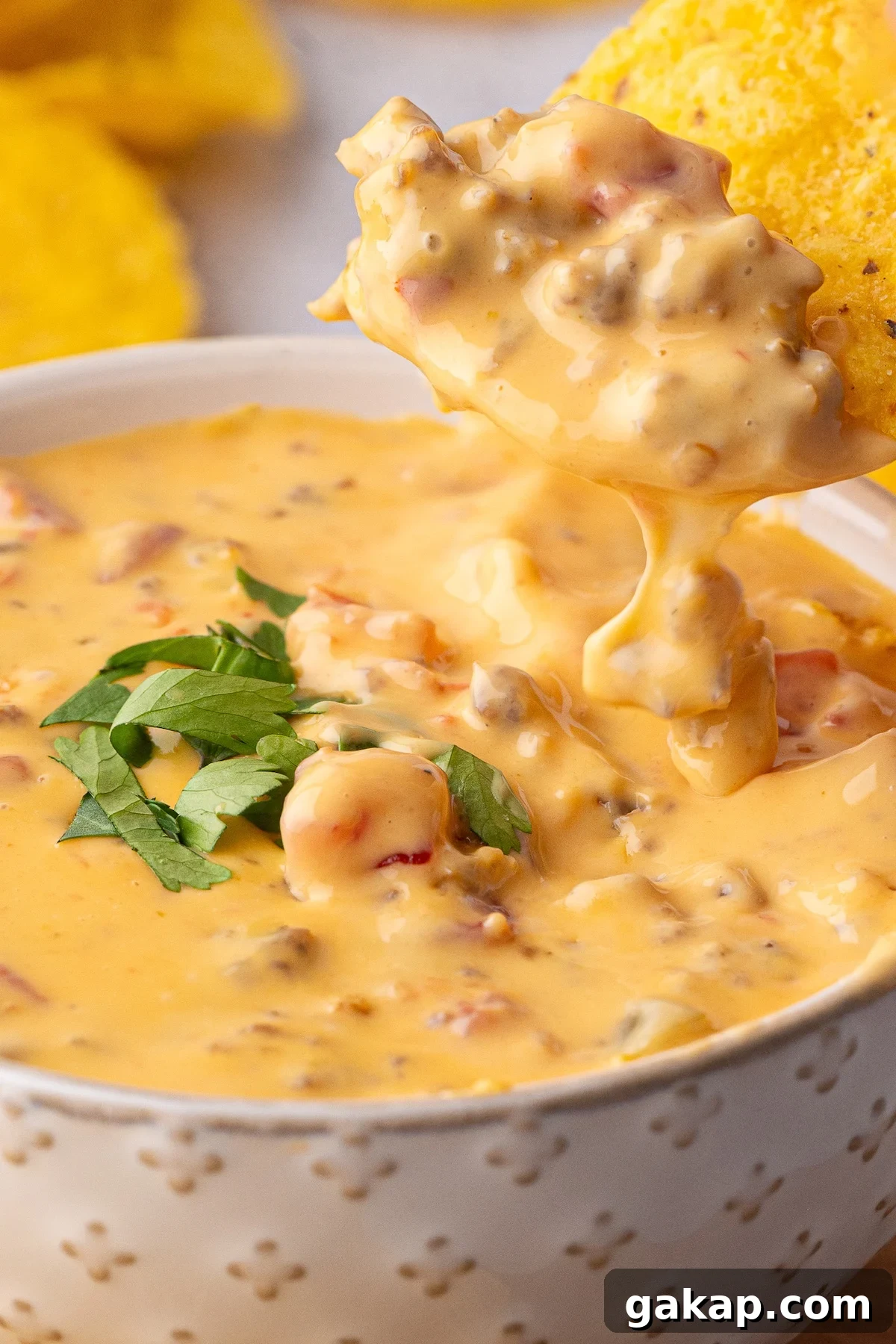bowl of velveeta sausage queso with a tortilla chip