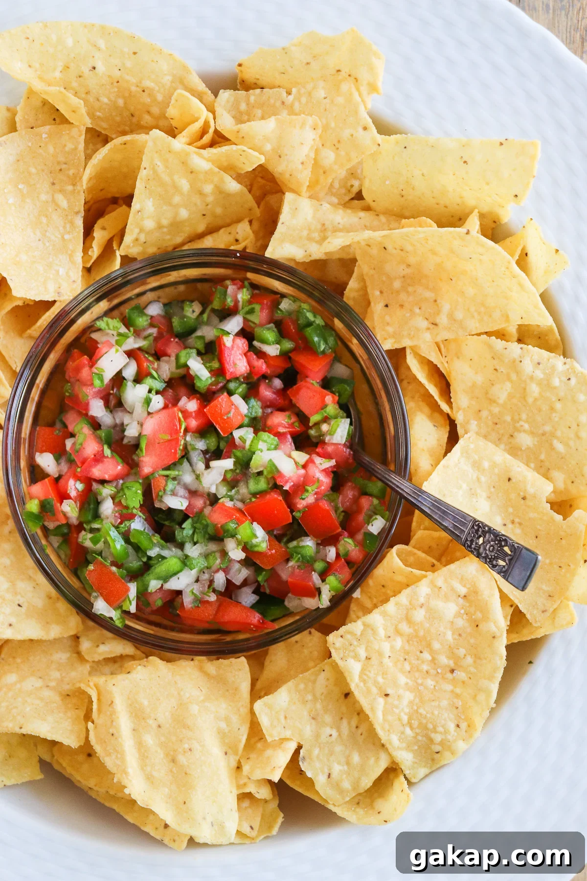 bowl of prepared pico de Gallo in the center of fresh tortilla chips