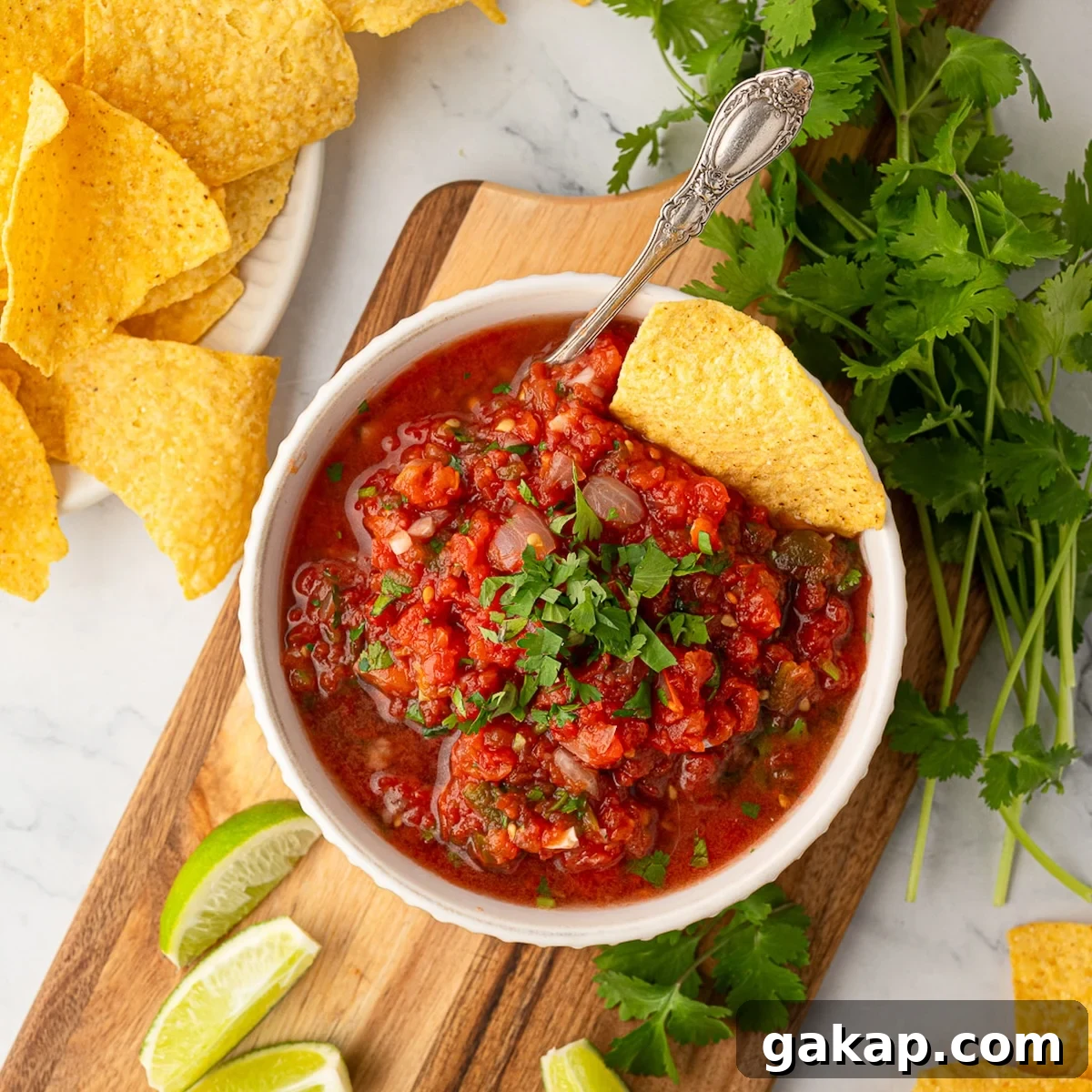 Close-up of vibrant, fresh Texas restaurant style blender salsa in a serving bowl.