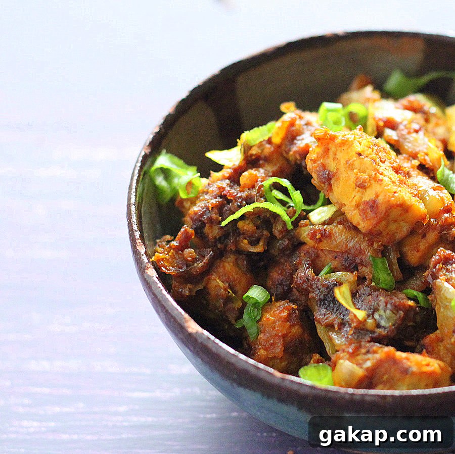 Amazing Keralan Tempeh Chili Roast. Vegan version of Kerala Beef/Chicken Chili Roast. Spicy flavorful Indian Main. Vegan Gluten-free Nut-free Recipe. | VeganRicha.com #veganricha
