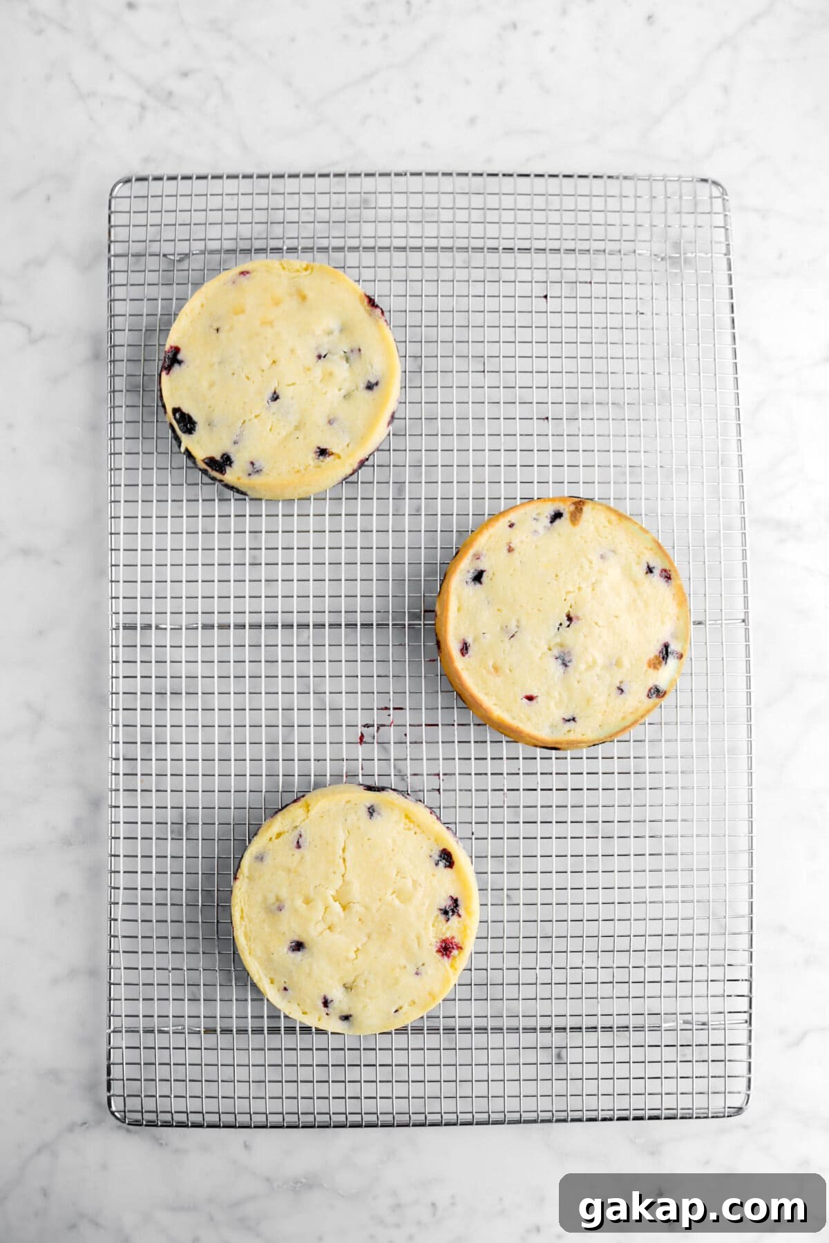 Lemon Blueberry Layer Cake with Zesty Lemon Buttercream 11 three cake rounds on cooling rack.