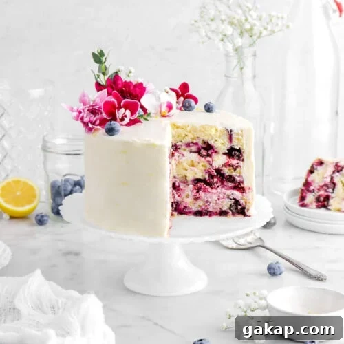 Lemon Blueberry Layer Cake with Zesty Lemon Buttercream 17 pulled back front shot of frosted lemon blueberry layer cake with flowers on top and slice of cake on stack of three plates behind, fresh blueberries in a glass jar, and a lemon half behind with more blueberries round, a small white bowl, and a white cheesecloth on marble surface.