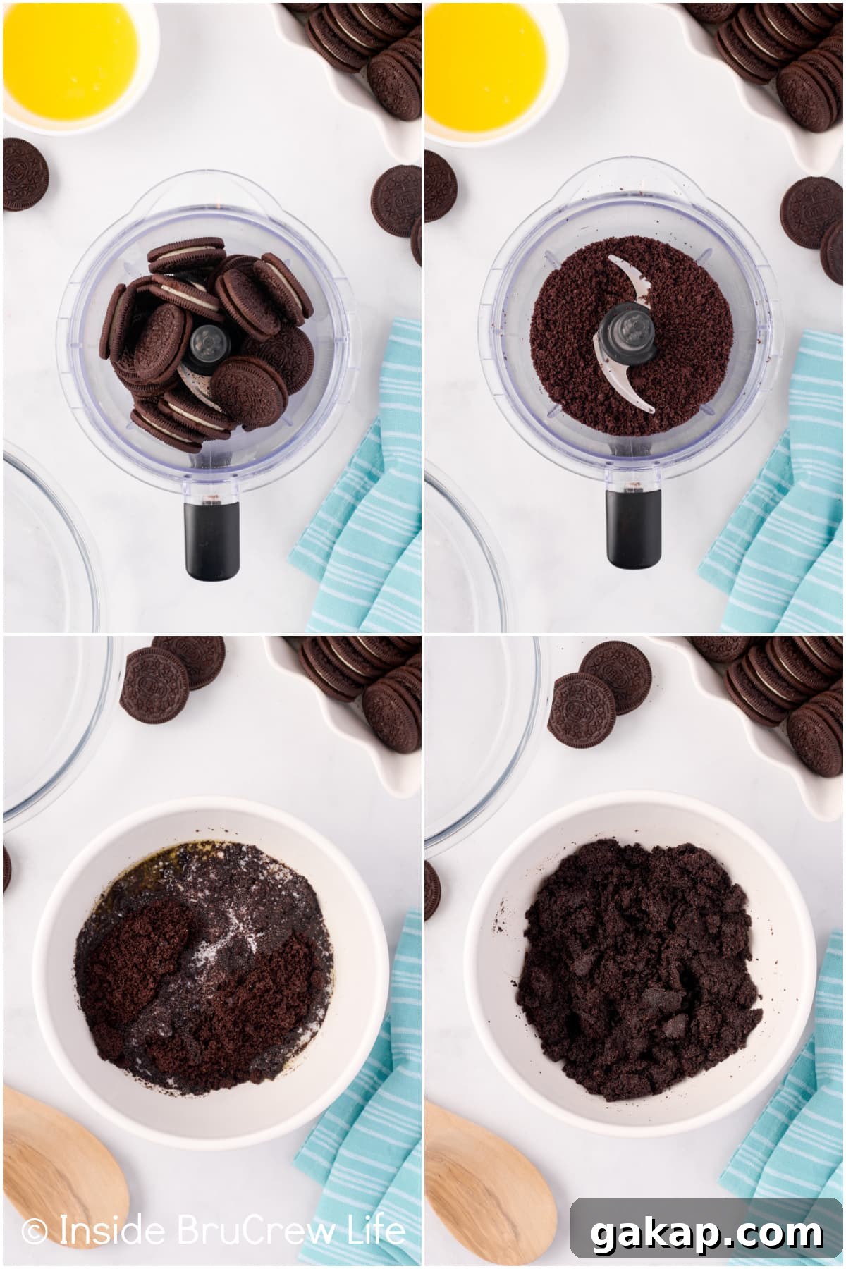 Four pictures collaged together showing how to make an Oreo cookie crust.