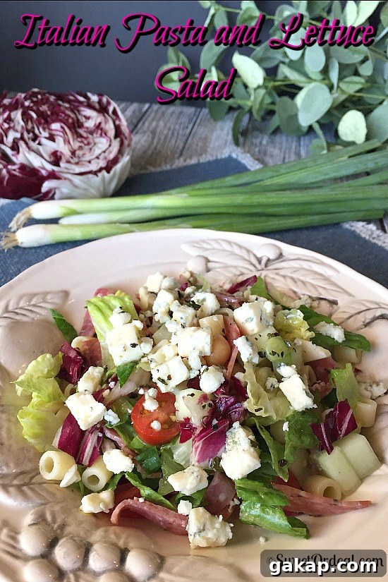 Italian Pasta and Lettuce Salad has bold flavors and beautiful colors. Italian Pasta and Lettuce Salad