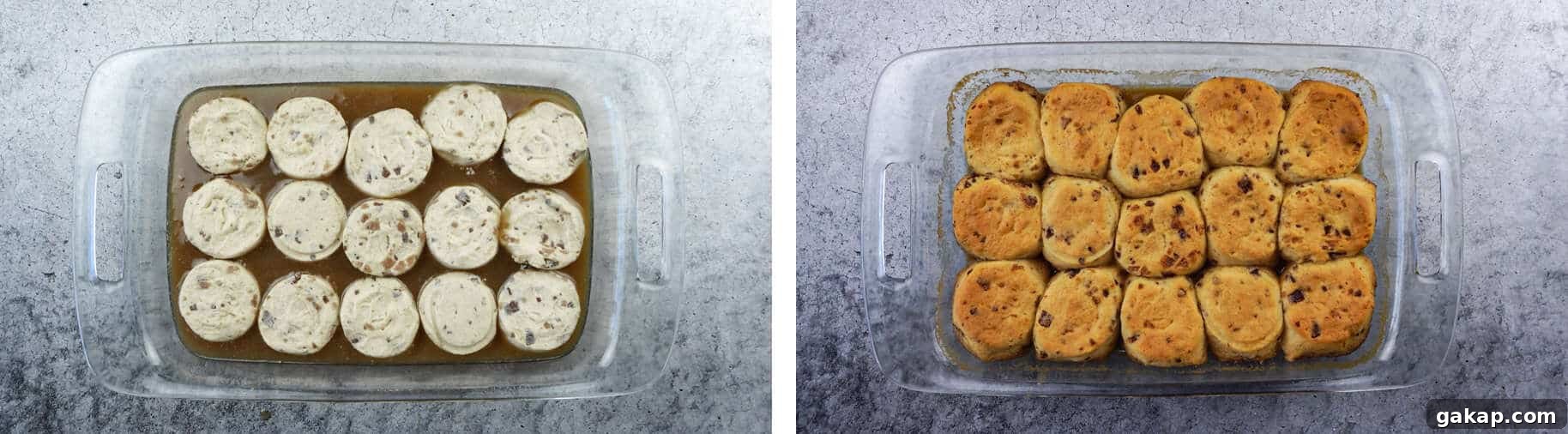 Sticky Caramel Cinnamon Rolls with Gooey Glaze 5 before and after baking sticky buns