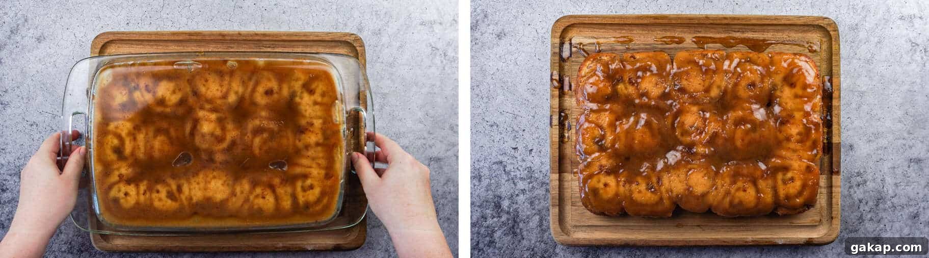 Sticky Caramel Cinnamon Rolls with Gooey Glaze 7 flipping sticky buns