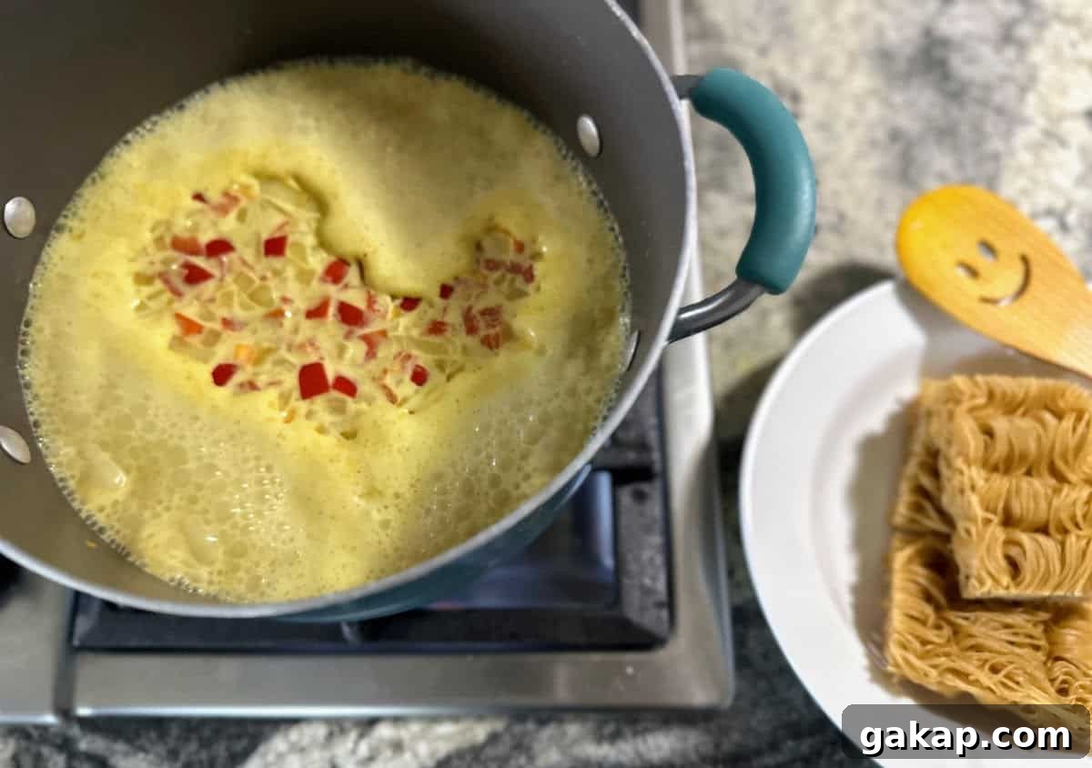 All the ingredients boiling in a pot before adding the ramen noodles. 