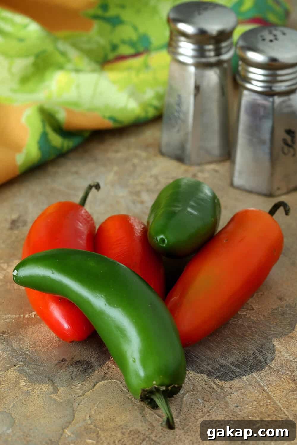 Red and Green Jalapenos on a granite counter-top.