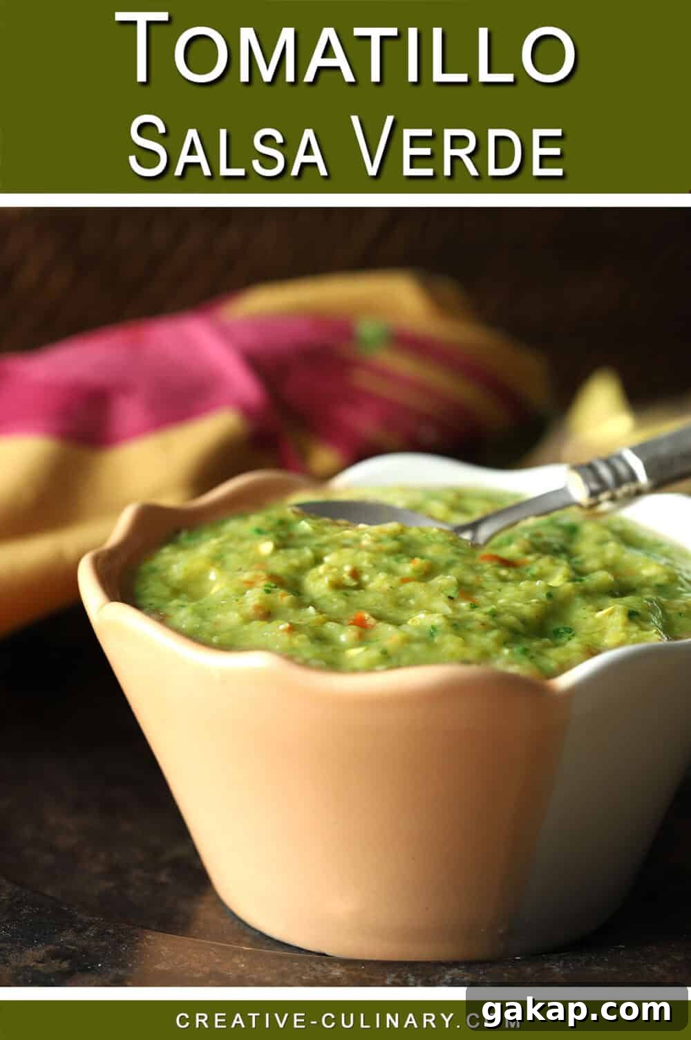 PIN for Tomatillo Salsa Verde is a green salsa shown in a light orange serving bowl.