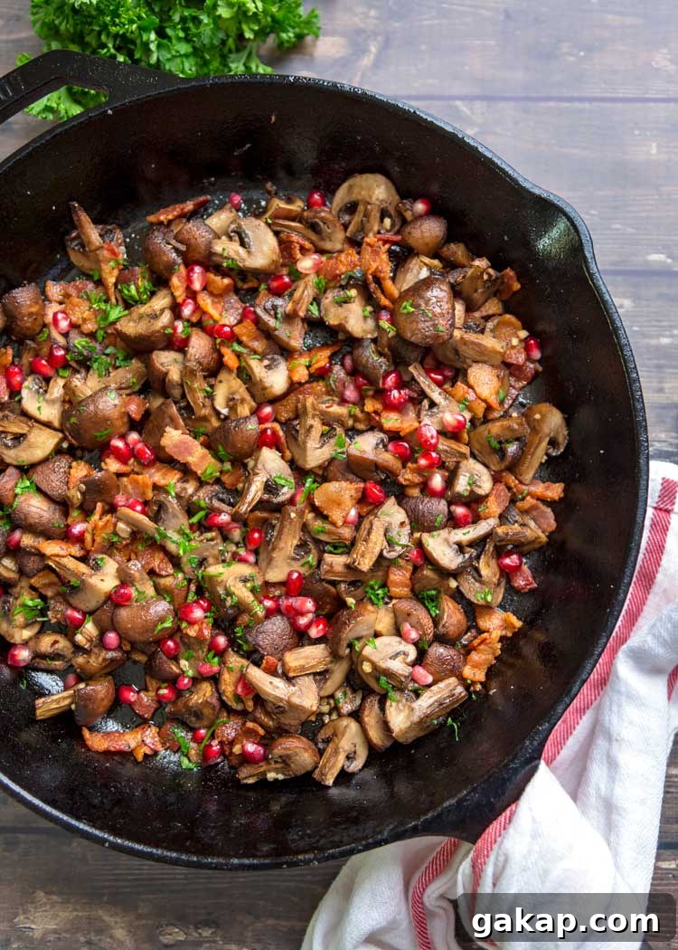 overhead: my roasted mushroom recipe in a cast iron skillet