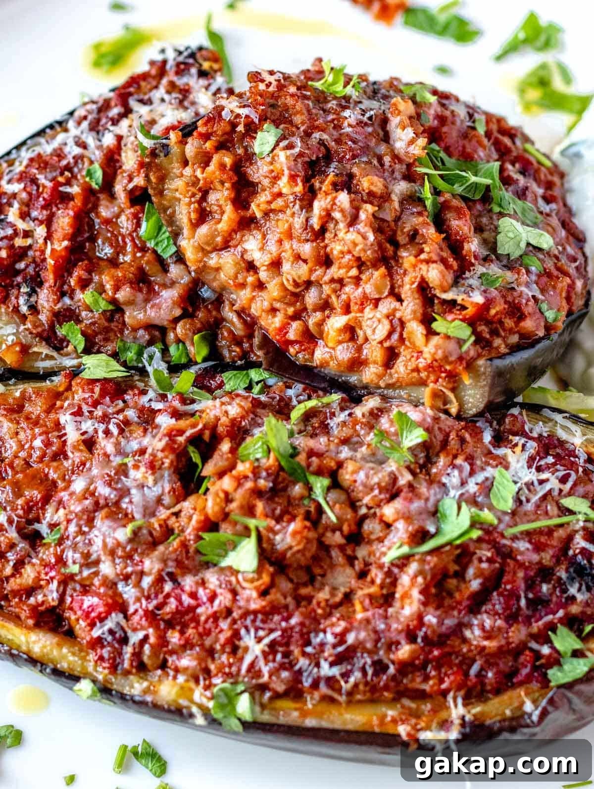 Stuffed eggplant with lentil filling and parmesan cheese