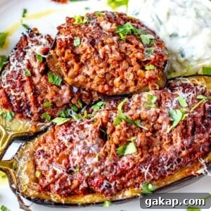 Stuffed eggplant cut into half with parmesan cheese and parsley