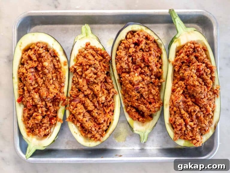 stuffed eggplant before baking