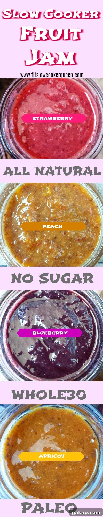 Sugar-Free Slow Cooker Fruit Jam Recipe 8 This fruit jam slow cooker recipe contains no added sugar! It's healthy being paleo and whole30 compliant and quick cooking in just a couple hours.
