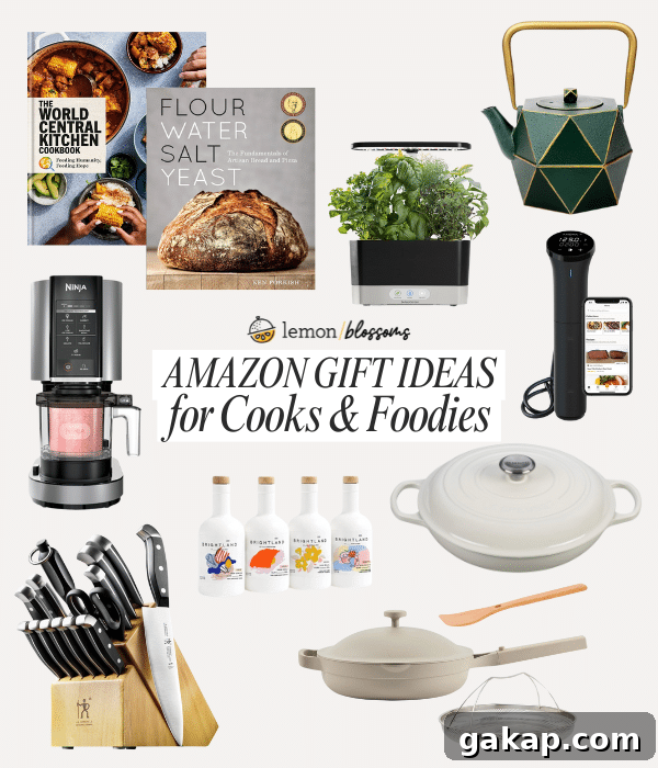 Collage showing gift ideas for cooks and foodies from Amazon. 
